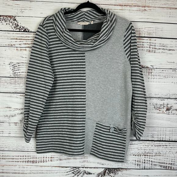 Women's Soft Surroundings Color Block Grey Stripe Cowl Neck Knit Casual Top Sz L - Picture 1 of 6